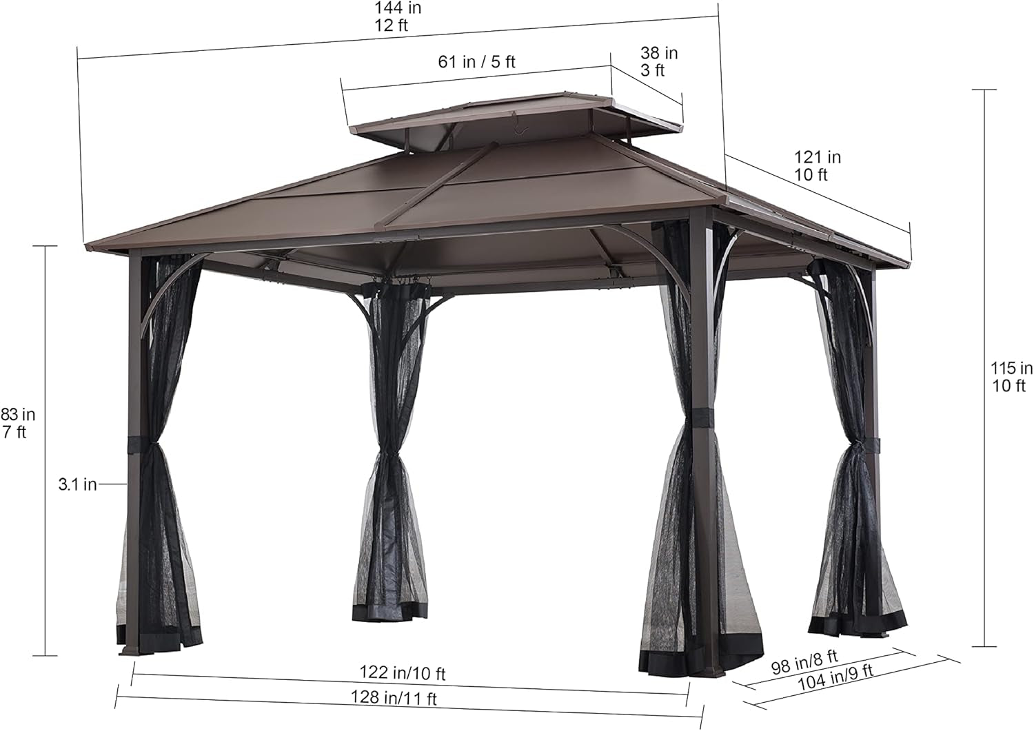 10x12 Brown Hardtop Gazebo With Steel Frame And Netting For Outdoor Patio Garden Canopy Shelter ShipItFurniture