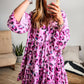 Rose Leopard Print Buttoned Front 3/4 Sleeve Tiered Ruffled Hem Dress