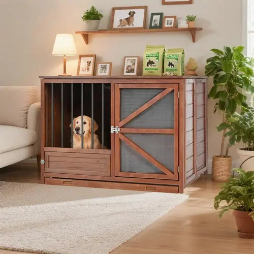 43' Solid Wood Dog Crate Furniture, Foldable Indoor Kennel with 360° CustomizedMom605.com