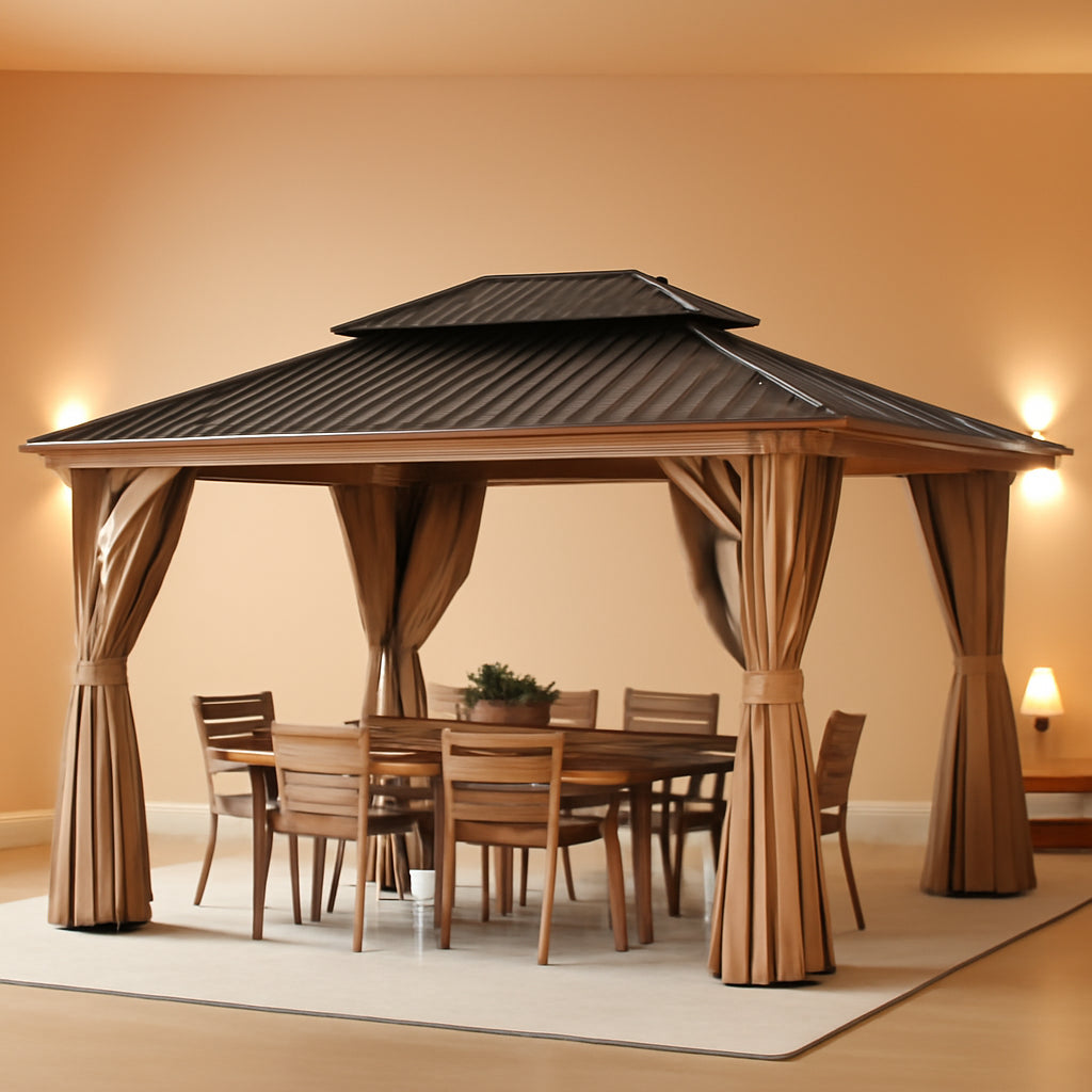 11x13 Wood Gazebo With Durable Outdoor Galvanized Steel Roof Netting And Curtains In Brown ShipItFurniture