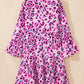 Rose Leopard Print Buttoned Front 3/4 Sleeve Tiered Ruffled Hem Dress