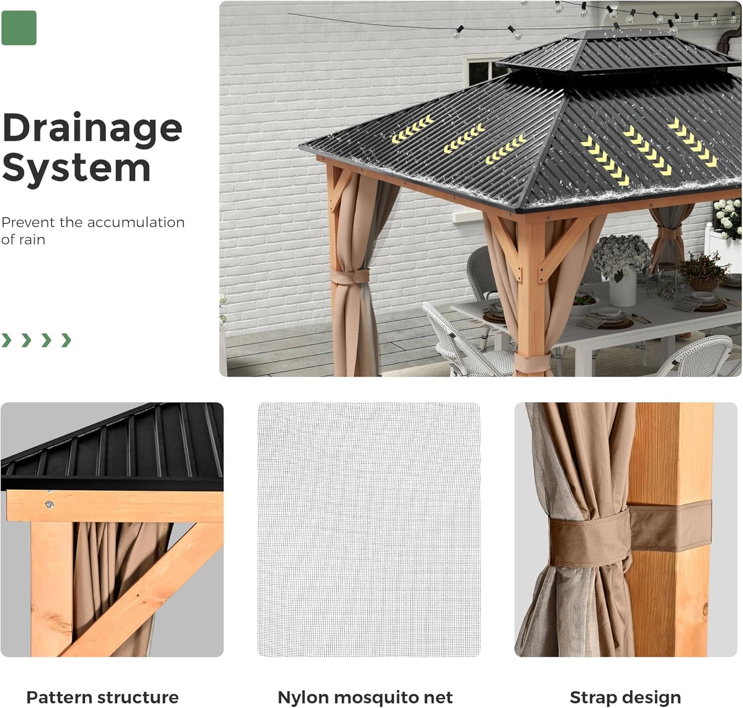 11x13 Wood Gazebo With Durable Outdoor Galvanized Steel Roof Netting And Curtains In Brown ShipItFurniture