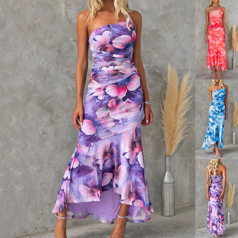 Summer Floral Print One-Shoulder Dress