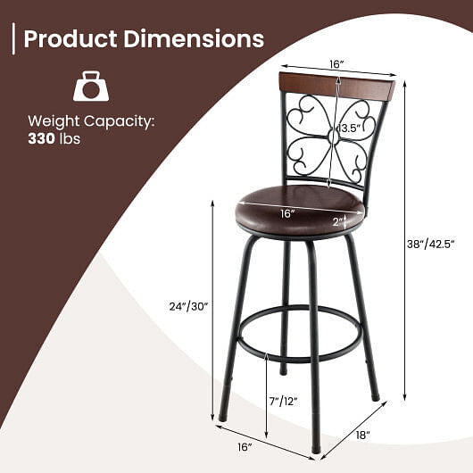2 Pieces 24-30 Inch Adjustable PU Cushioned Swivel Barstools-Brown CustomizedMom605.com