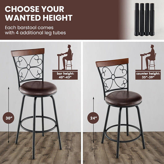 2 Pieces 24-30 Inch Adjustable PU Cushioned Swivel Barstools-Brown CustomizedMom605.com