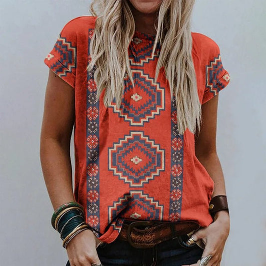 Summer Western Ethnic Style 3D Print T-shirts Women Streetwear Fashion