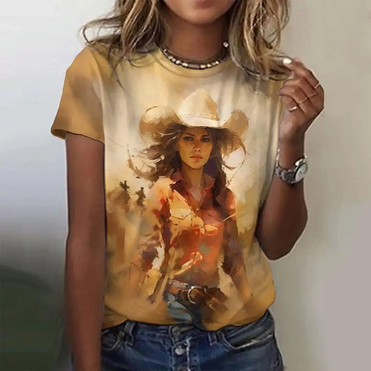 Western Cowgirl Print Vintage Women's T-shirts Casual Short Sleeves