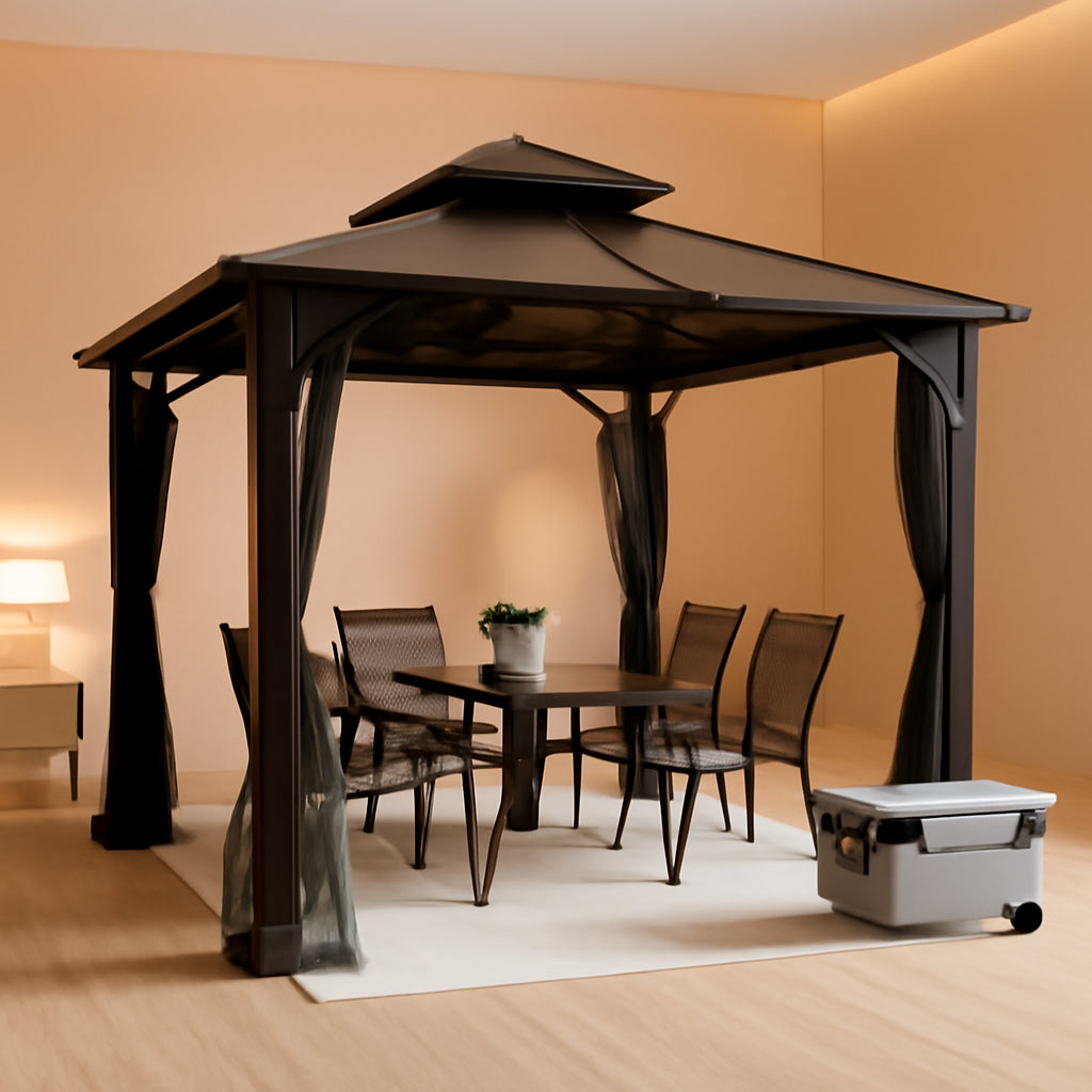 10x12 Brown Hardtop Gazebo With Steel Frame And Netting For Outdoor Patio Garden Canopy Shelter ShipItFurniture