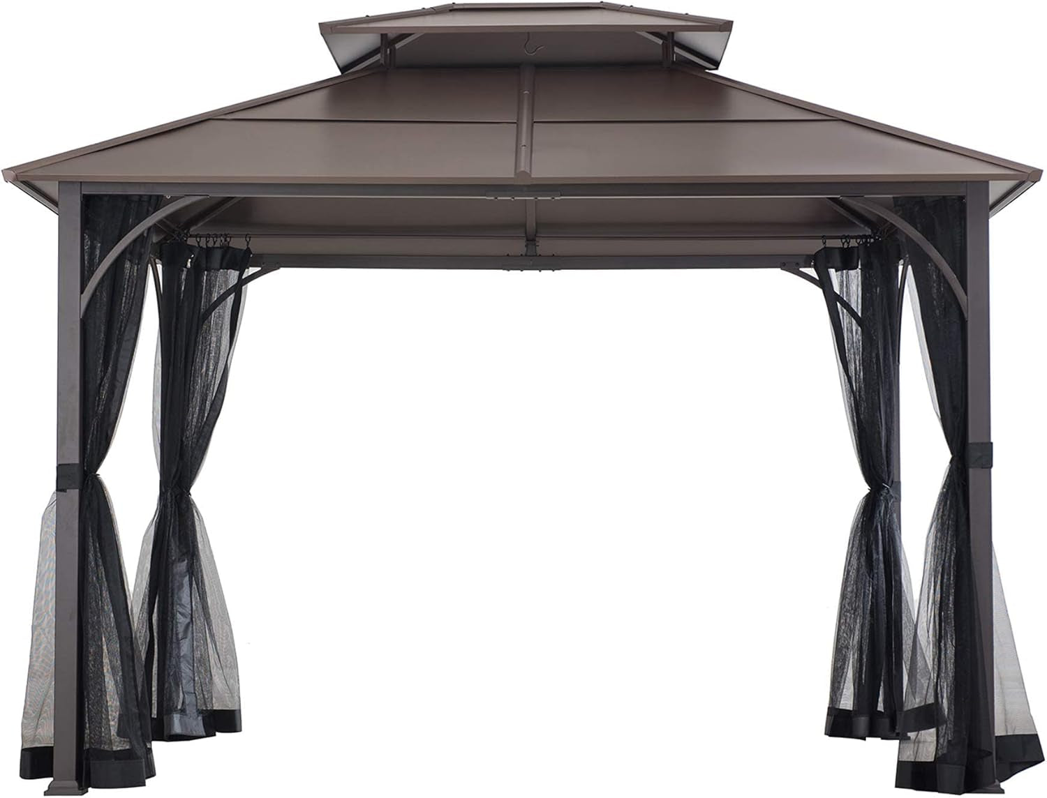 10x12 Brown Hardtop Gazebo With Steel Frame And Netting For Outdoor Patio Garden Canopy Shelter ShipItFurniture