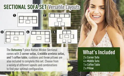 Outsunny 7pc Rattan Furniture Set w/ Side Table Lounge Sofa Cushion CustomizedMom605.com